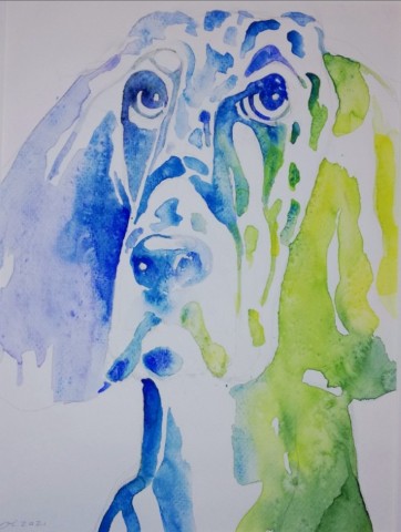 Aquarellbild  mit  grünem Hund vor weissem Hintergrund